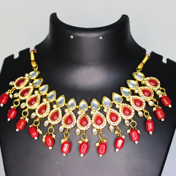 Red Kundan Jewellery Set Heavy Kundan Set Wedding Kundan Jewellery - Picture 2 of 3